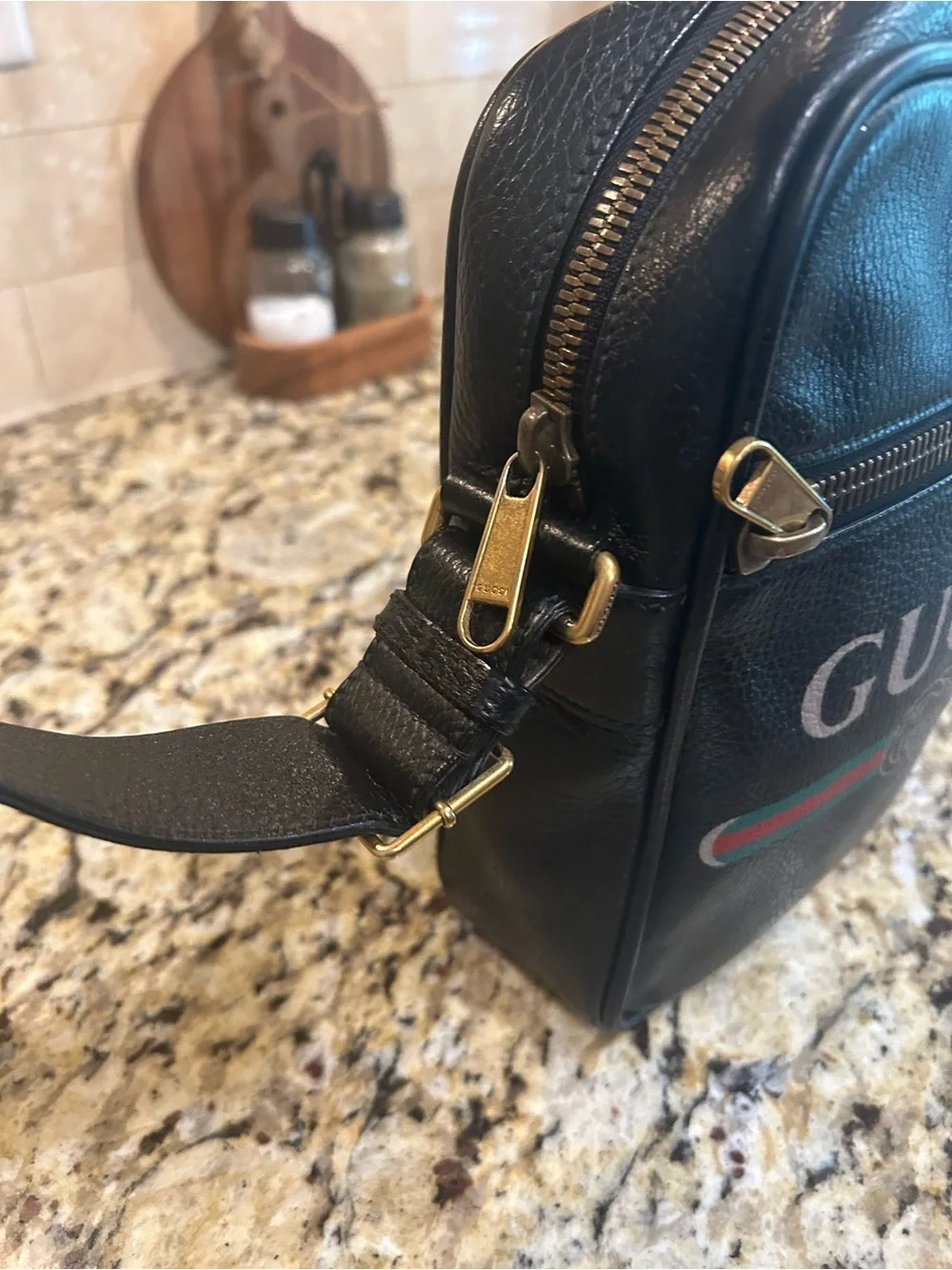 Gucci Black Logo Shoulder Bag Men's Adjustable Strap Designer Brass Hardware coa